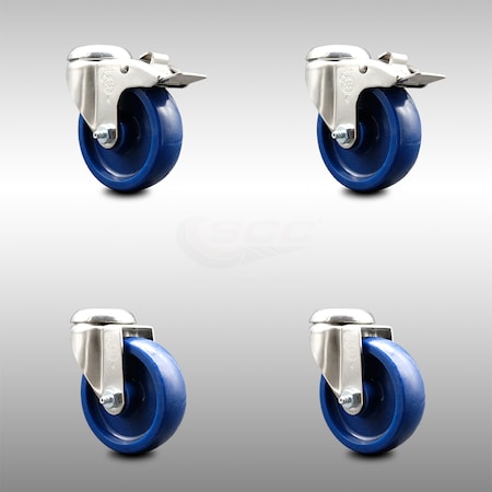 Service Caster 4 Inch 316SS Solid Polyurethane Swivel Bolt Hole Caster Set with 2 Lock Brake SCC-SS316BHTTL20S414-SPUS-2-S-2